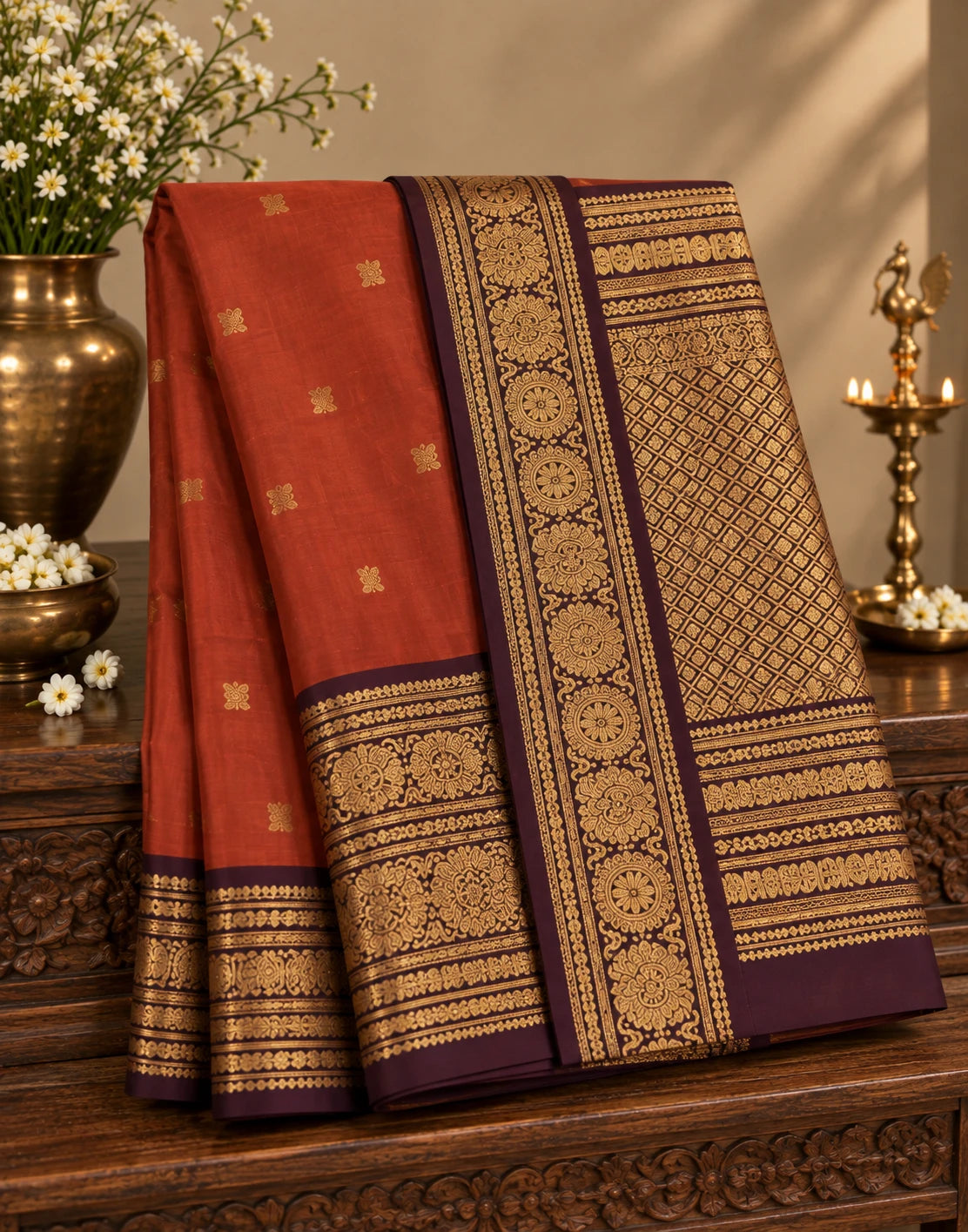 Saffron-Green Silk Saree