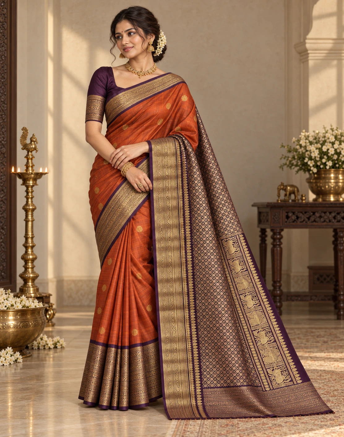 Brunt Orange Silk Saree