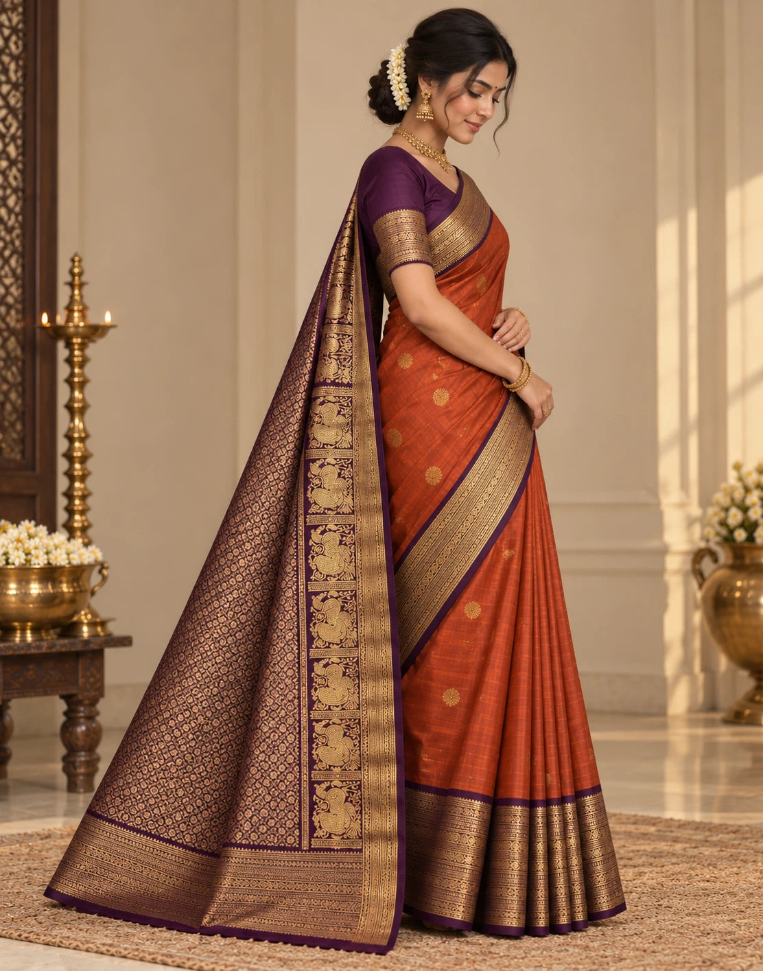 Brunt Orange Silk Saree