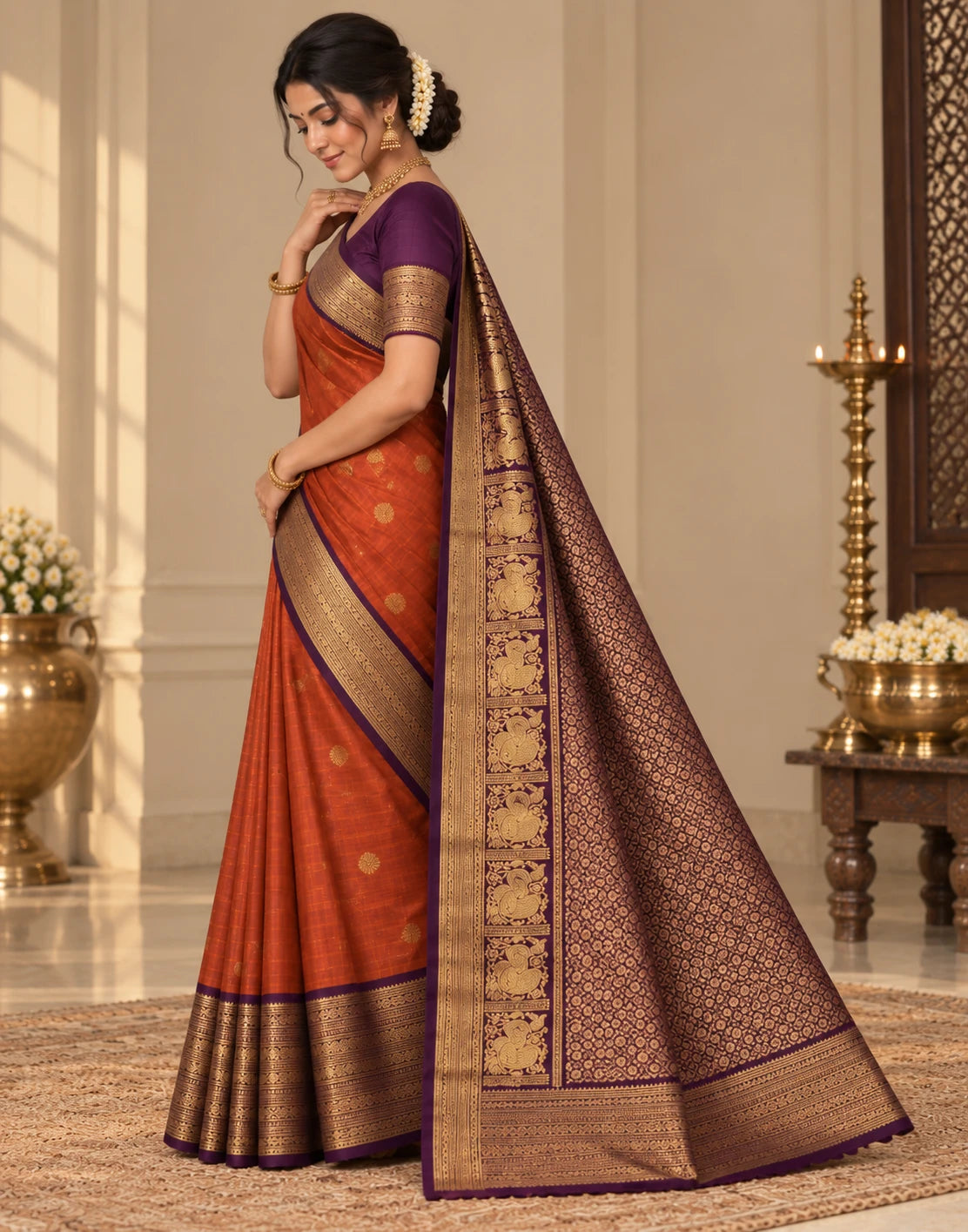 Brunt Orange Silk Saree