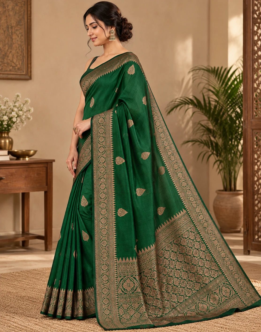 Dark Green Raw Silk Saree