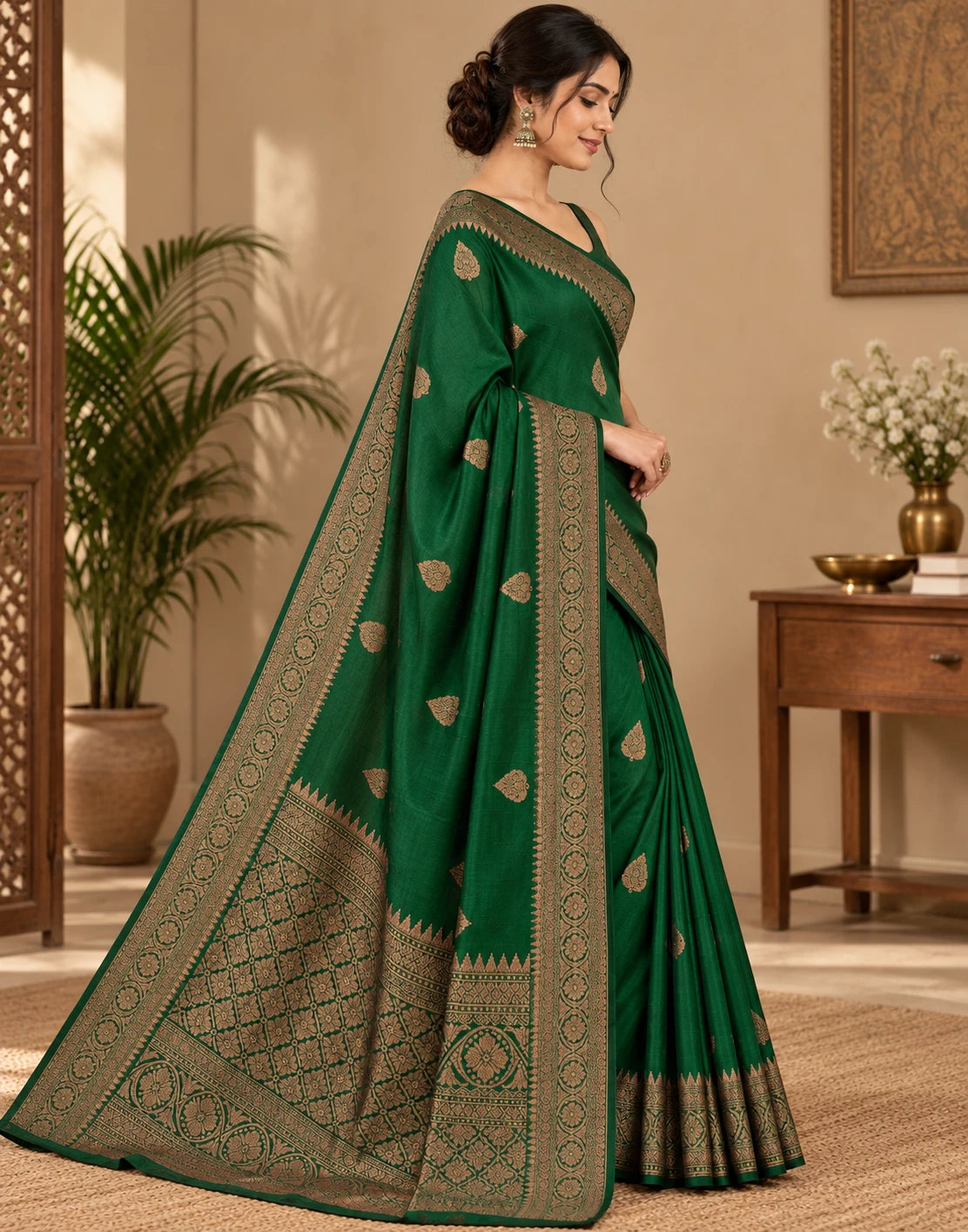 Dark Green Raw Silk Saree