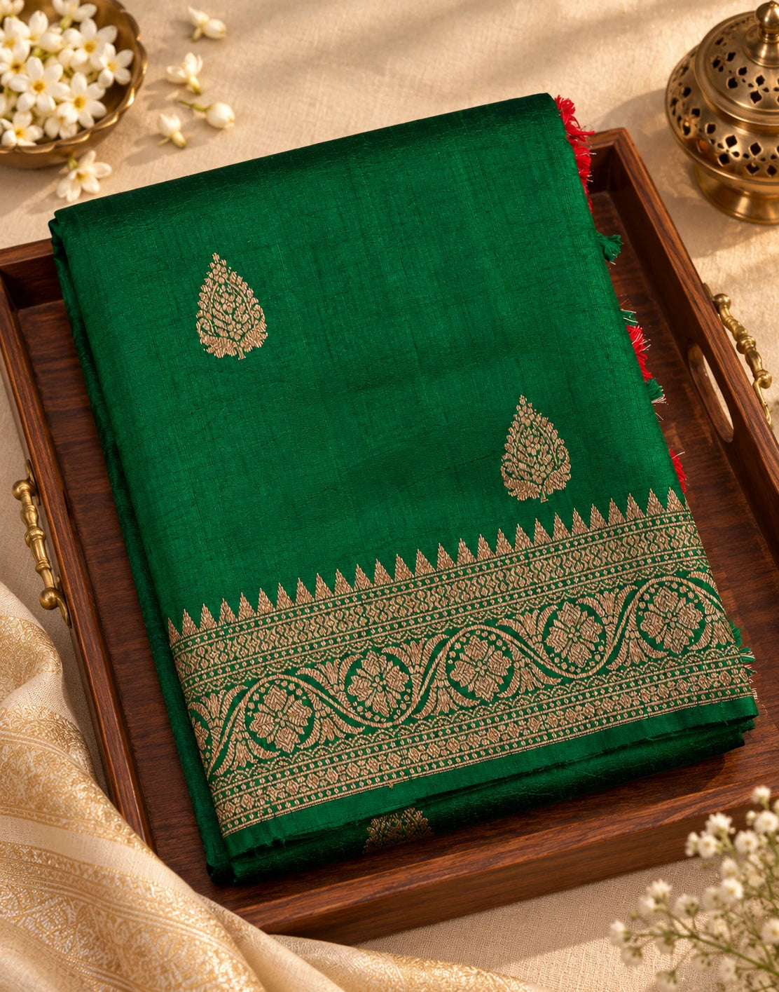 Dark Green Raw Silk Saree