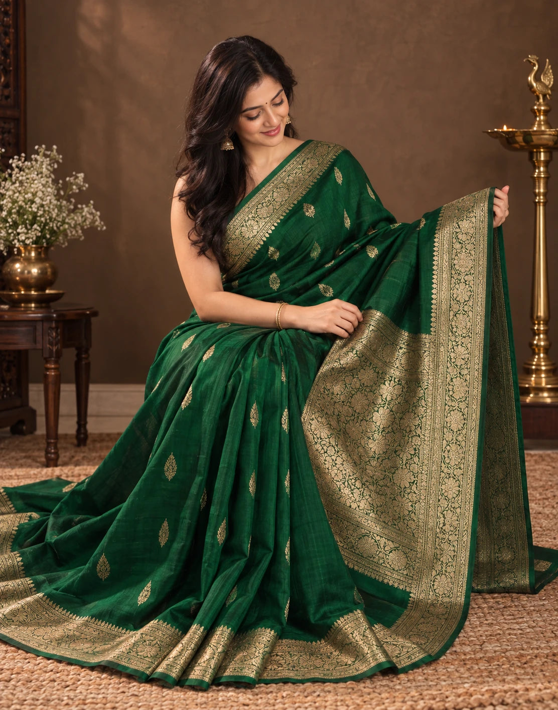 Emerald Green Raw Silk Saree