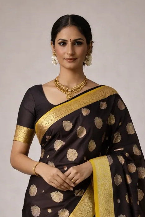 Woman wearing a black saree with gold patterns and jewelry on a plain background