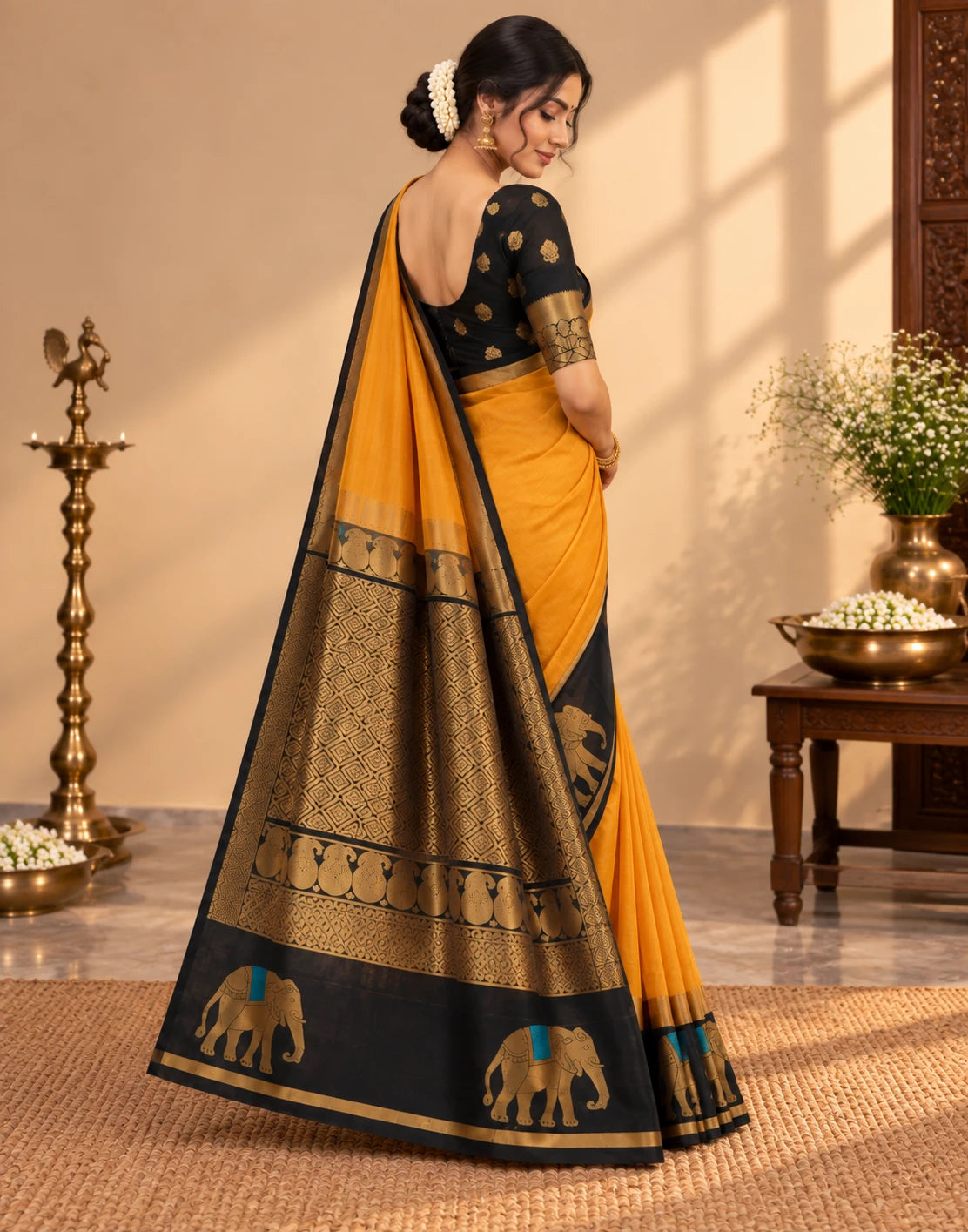 MUSTARD YELLOW WITH BLACK SAREE