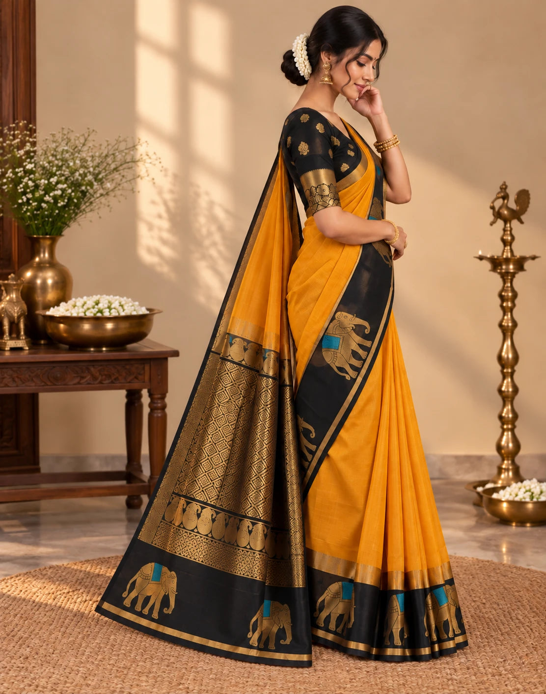 MUSTARD YELLOW WITH BLACK SAREE