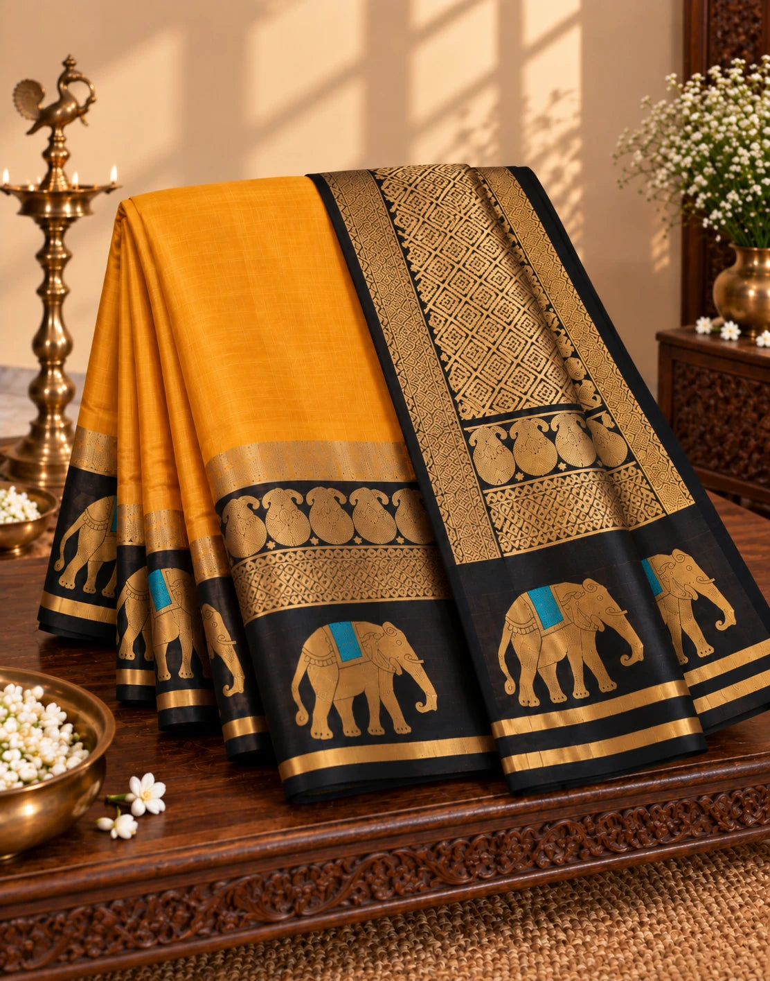 MUSTARD YELLOW WITH BLACK SAREE