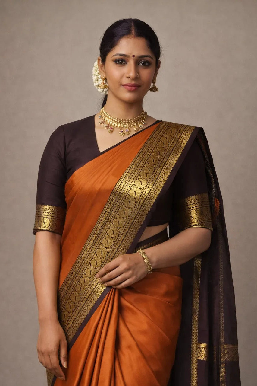 Woman wearing an orange and black saree with gold border against a plain background