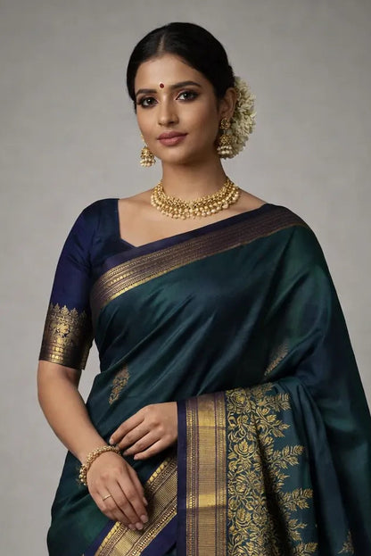 Woman wearing a dark green saree with gold border and jewelry on a gray background