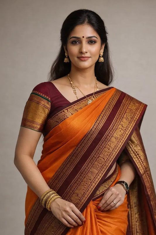 Woman wearing an orange saree with a brown border against a plain background