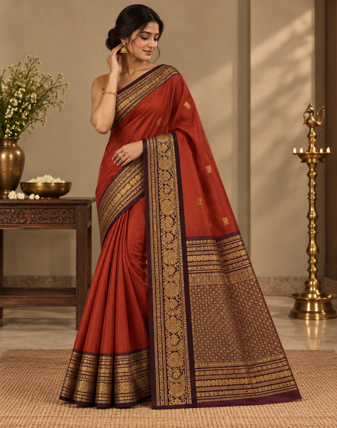 Saffron-Green Silk Saree