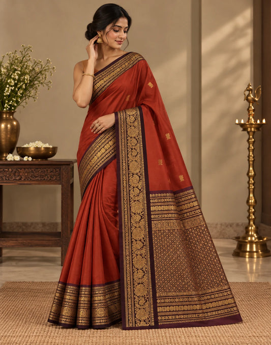 Saffron-Green Silk Saree