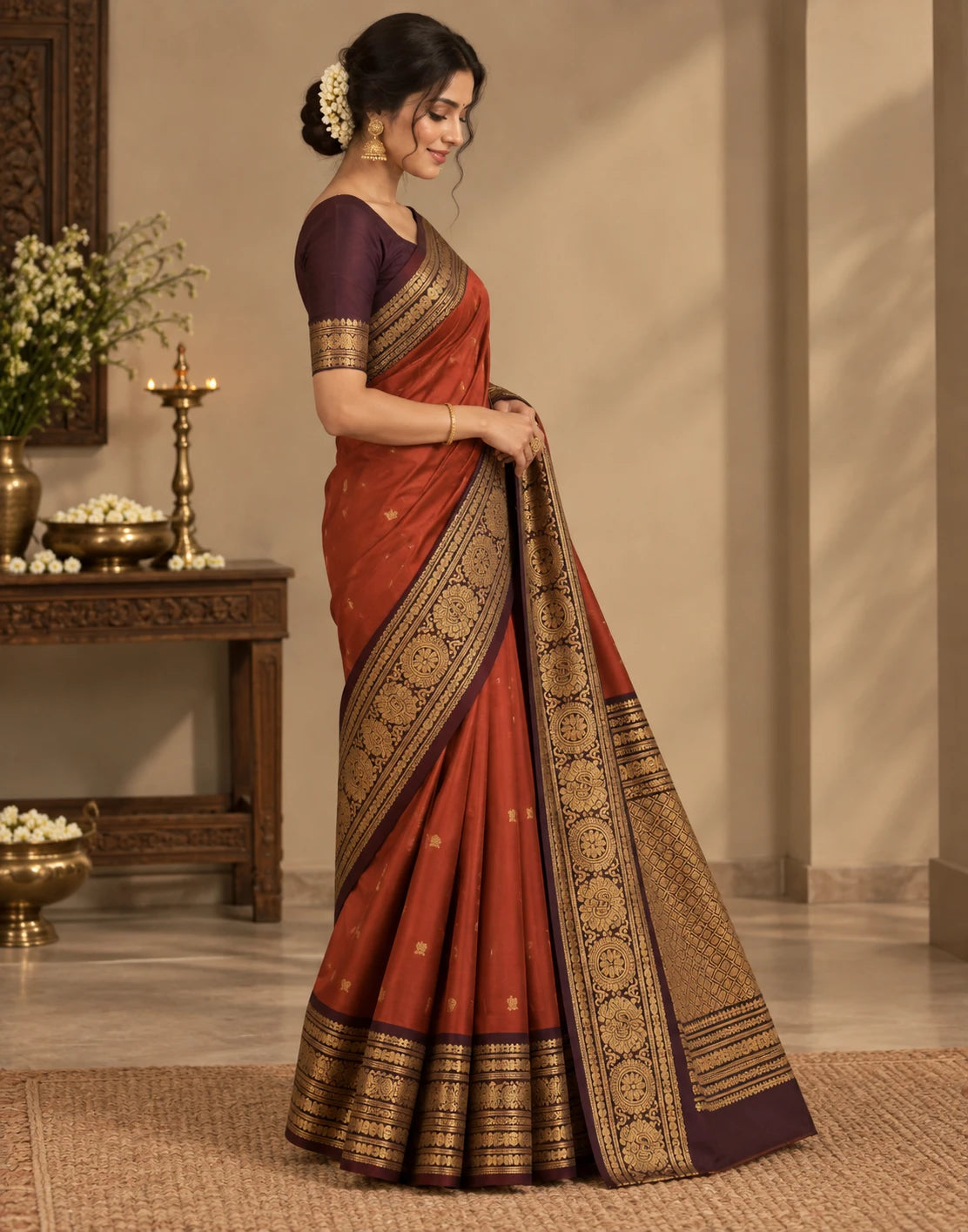 Saffron-Green Silk Saree