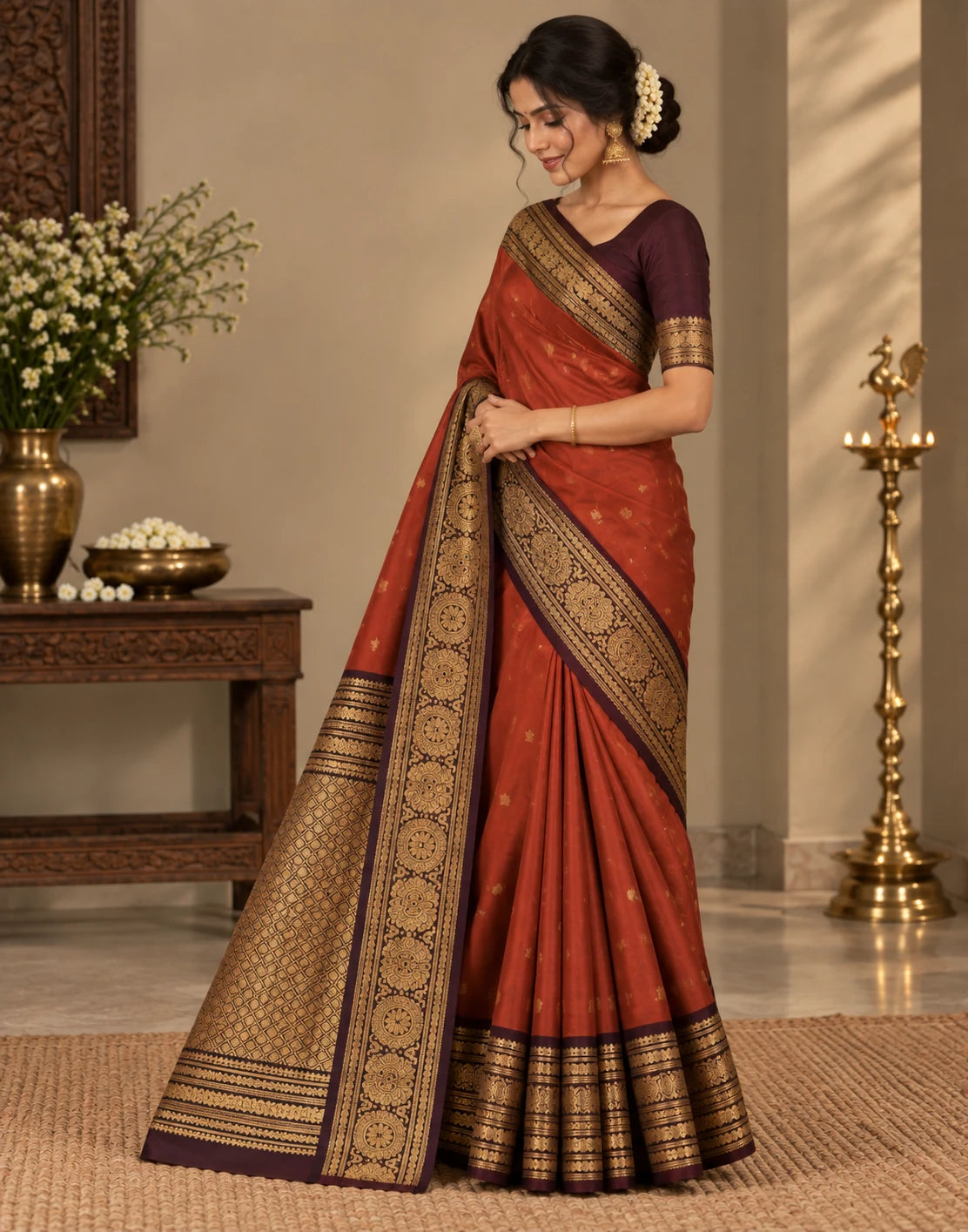 Saffron-Green Silk Saree