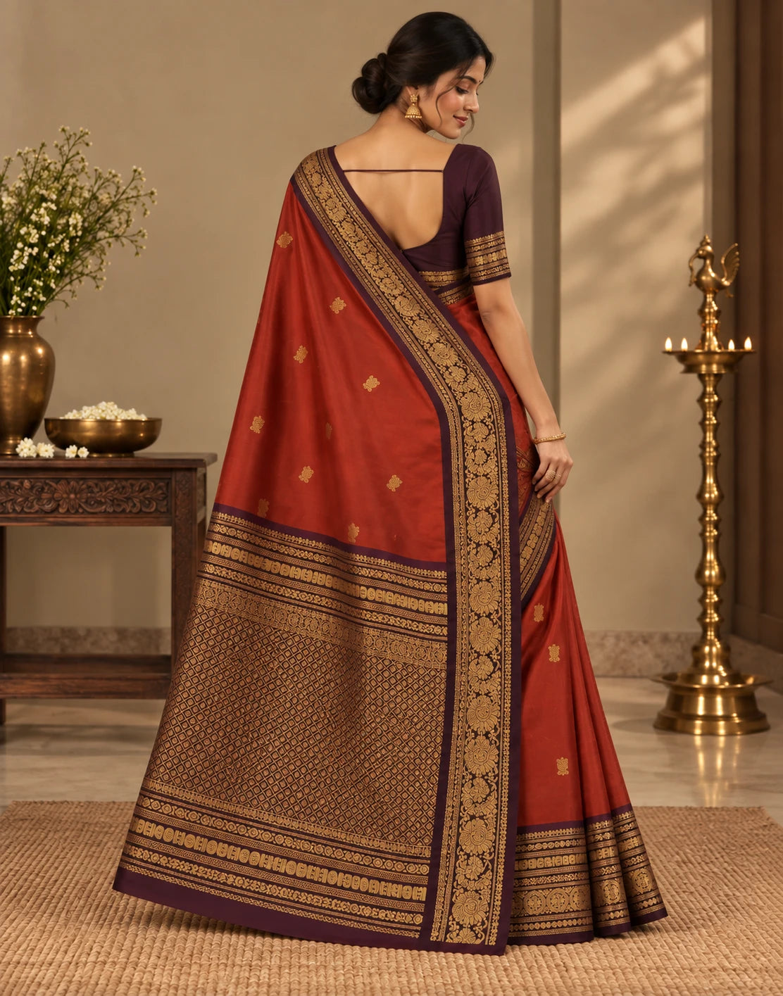 Saffron-Green Silk Saree