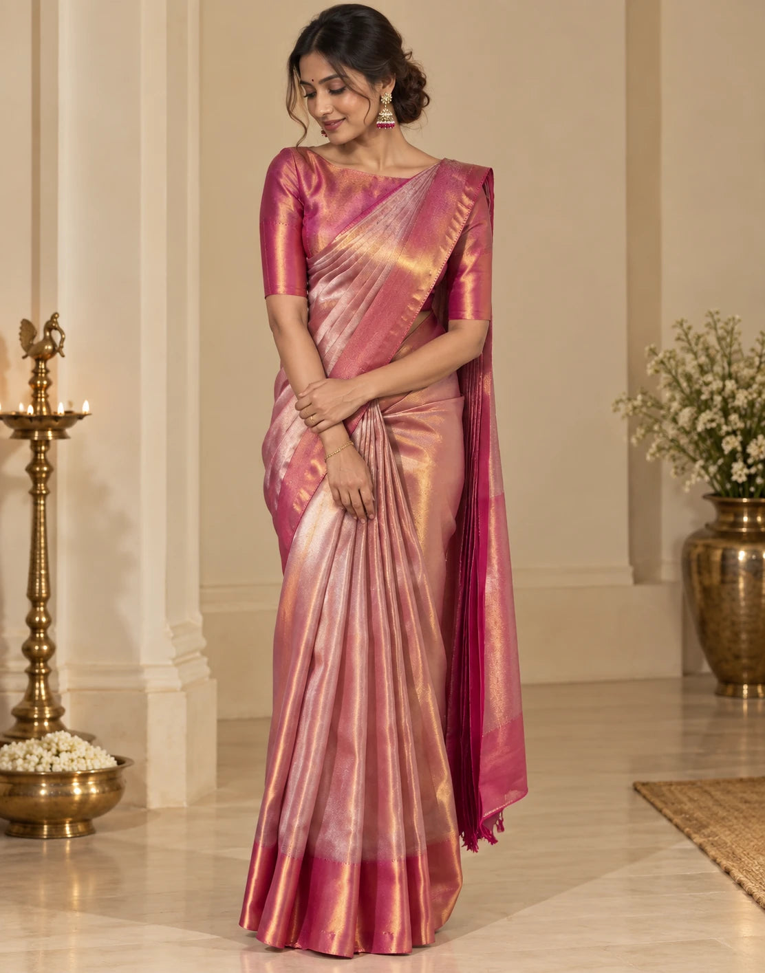 Shimmering Rose Silk Saree