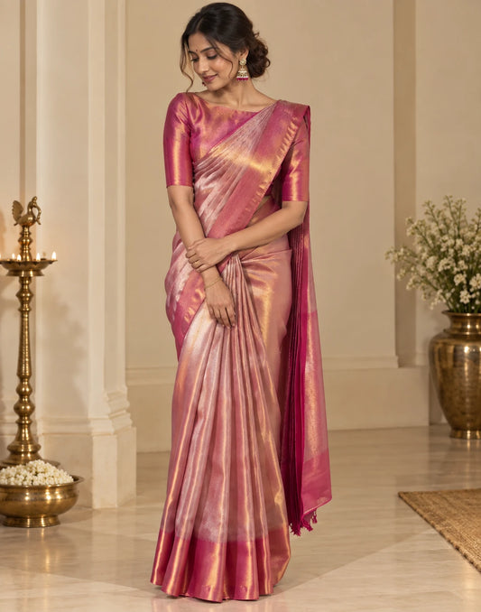 Shimmering Rose Silk Saree