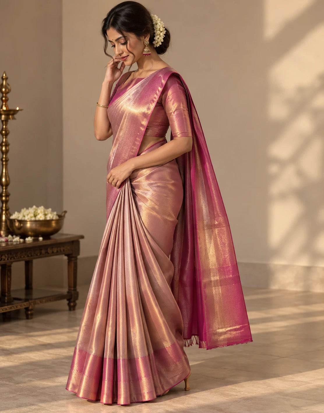 Shimmering Rose Silk Saree