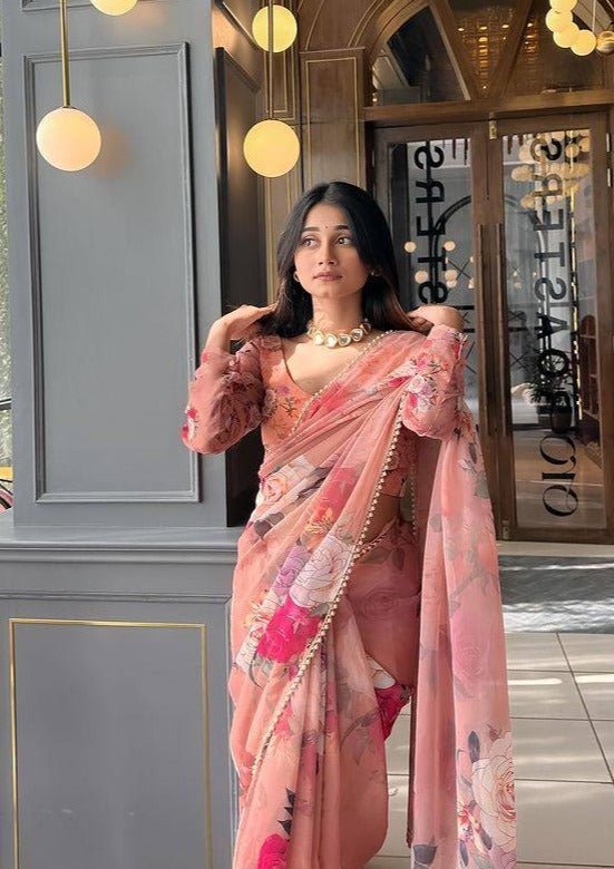 1220-PEACH FLORAL SAREE